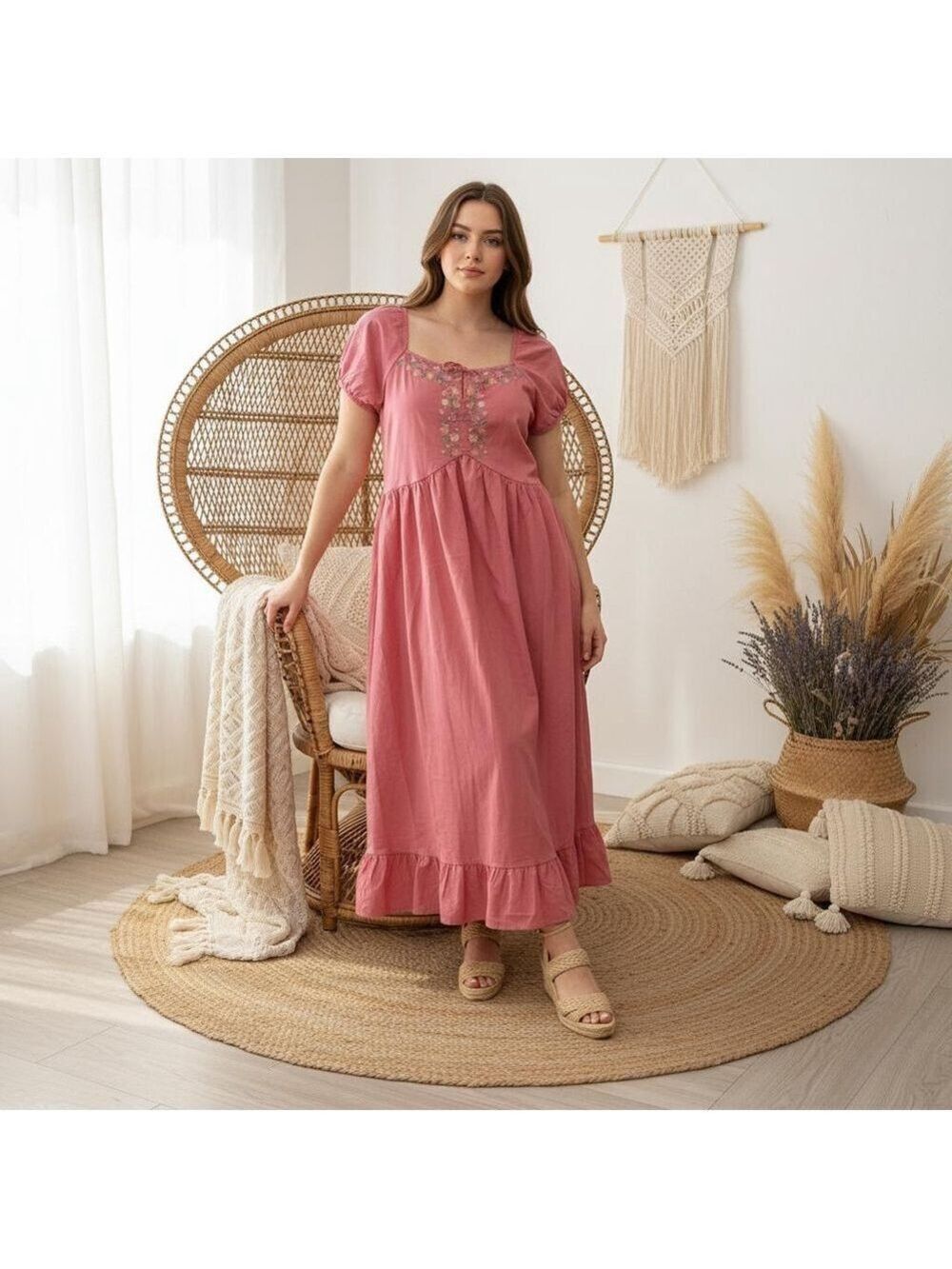 Blueberi Boulevard Embroidered Milk Maid Dress Coral Pink Puff Sleeve Ruffle Hem